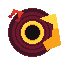 APP ICON: Juked. IMAGE DESCRIPTION: Pixel art of a dark-red vinyl record, with a hollow, yellow ring at its center. A small, red note and a larger, yellow note adorn the record.