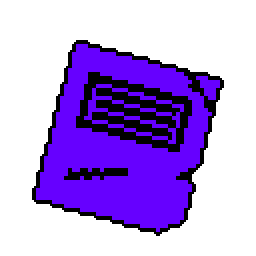 APP ICON: Torn Notebook. IMAGE DESCRIPTION: Pixel art of a purple notebook, with a black outline. There's an illegible black label on the front cover, and there are numerous tears and scratches on it.